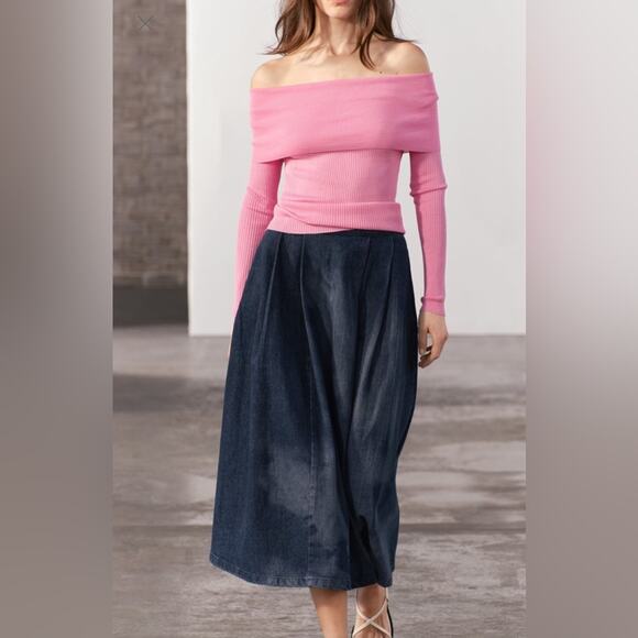 Zara LASER PRINT MIDI DEMIM JEAN SKIRT XL